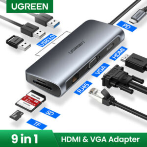 Adaptador 9 en 1 UGREEN USB Tipo C 9 In 1 Hub USB-C a HDMI VGA Card Reader RJ45 PD Adaptador