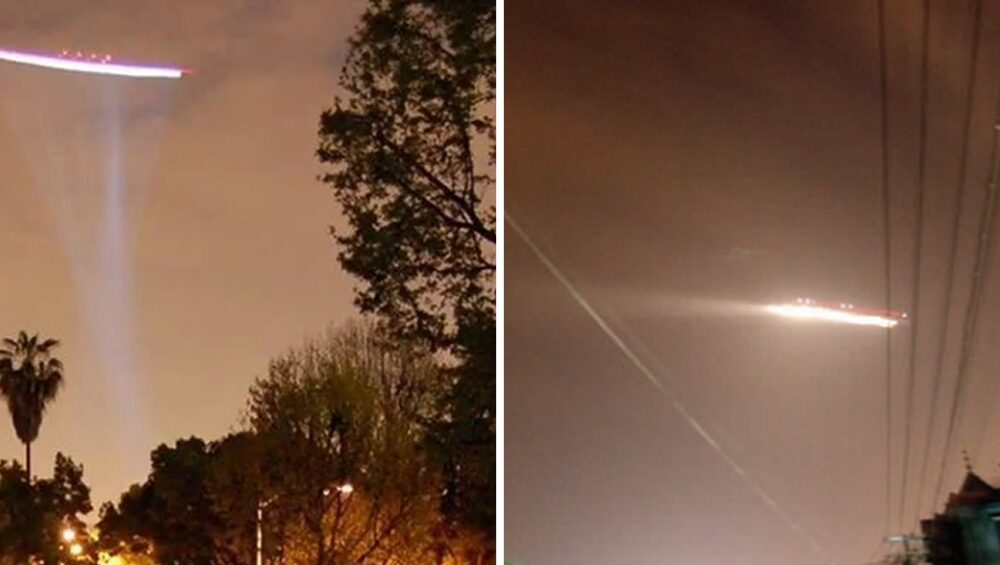 Imagen de un OVNI en el cielo nocturno rodeado de luces brillantes y testigos asombrados.