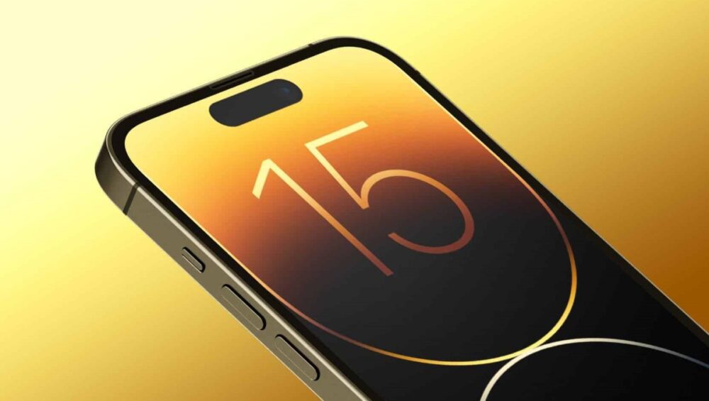 Imagen conceptual del iPhone 15 rodeado de luces brillantes, anticipando su lanzamiento.