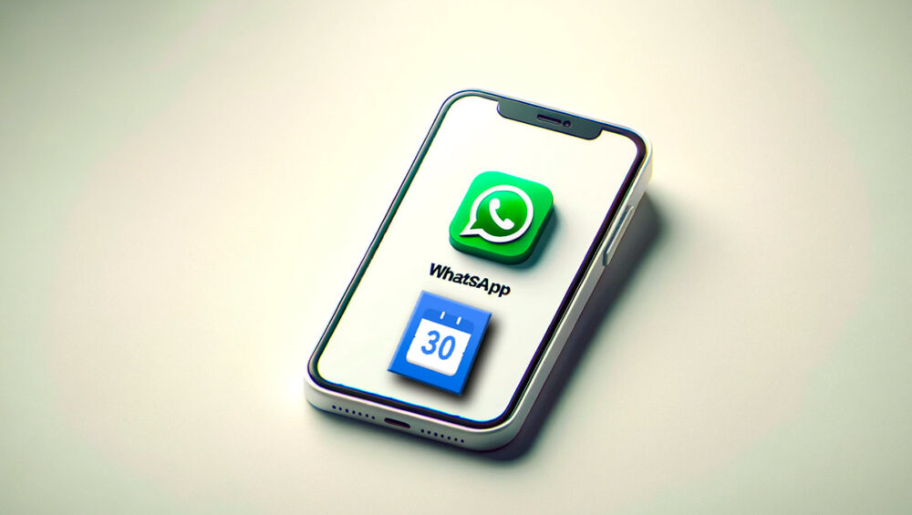 Una imagen que muestra un teléfono con la aplicación WhatsApp abierta y un calendario integrado.