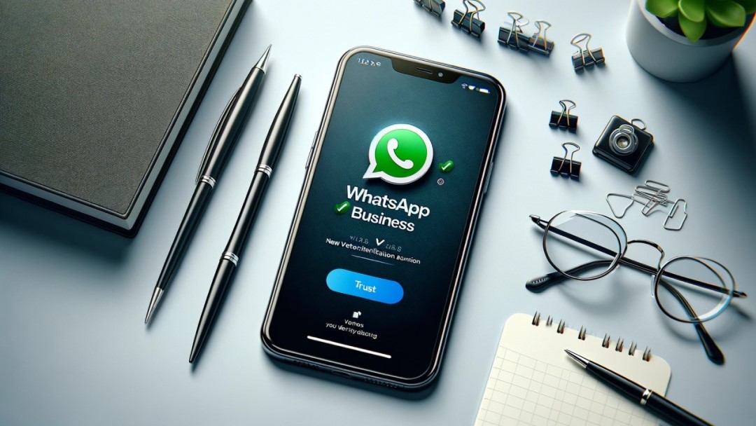 Smartphone mostrando la nueva insignia de verificación de WhatsApp Business en un escritorio moderno