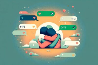 Concepto abstracto de un abrazo virtual con el número 0473 en un chat de WhatsApp, simbolizando conexión emocional