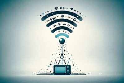 Transición de la televisión satelital al streaming, con una antena parabólica transformándose en un símbolo de Wi-Fi.