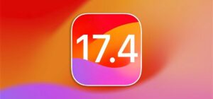 Actualización iOS 17.4 en diseño moderno con gradientes de color vibrantes.