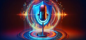 Escudo digital protegiendo un micrófono de la clonación de voz