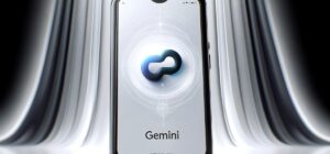 Logo de Gemini, el nuevo asistente de IA de Google, en la pantalla de un smartphone moderno.