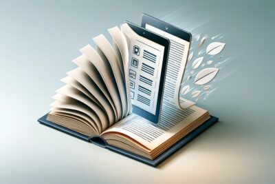 Libro abierto transformándose en tableta digital con resumen de texto.