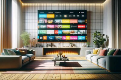 Sala de estar con televisor mostrando guía de canales populares en España para 2024.