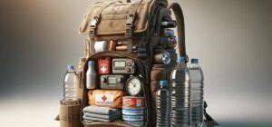 Mochila de emergencia abierta mostrando agua, alimentos, radio y kit de primeros auxilios.
