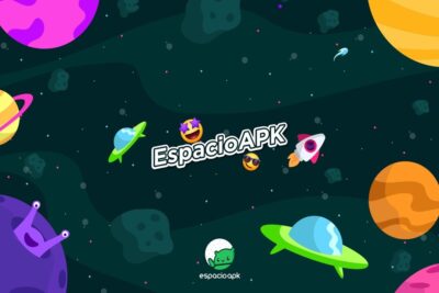 Universo digital de aplicaciones y juegos Android en espacio virtual.