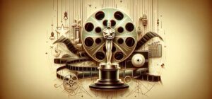 Ilustración minimalista de un carrete de película y un trofeo, simbolizando los Oscars 2024.