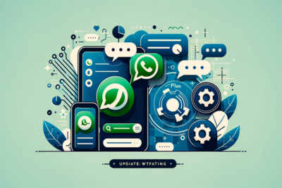 Smartphones y burbujas de chat representando la actualización y personalización de WhatsApp Plus.